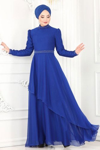 moda selvim Evening Wear 2222PN204 Saxe - Thumbnail