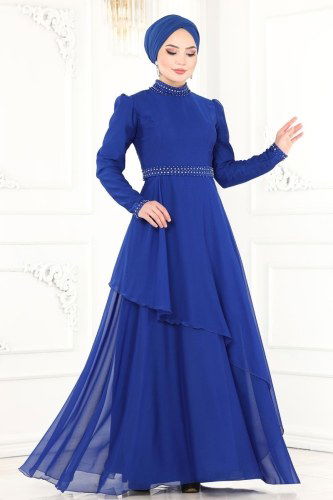 moda selvim 2222PN204 ازرق فساتين سهره - Thumbnail