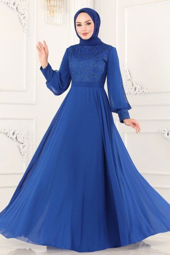 moda selvim 2226PN204 ازرق فساتين سهره - Thumbnail