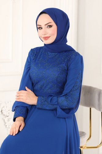 moda selvim 2226PN204 ازرق فساتين سهره - Thumbnail