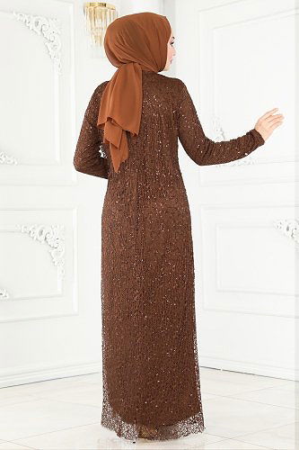 moda selvim 2402PN204 البني فساتين سهره - Thumbnail
