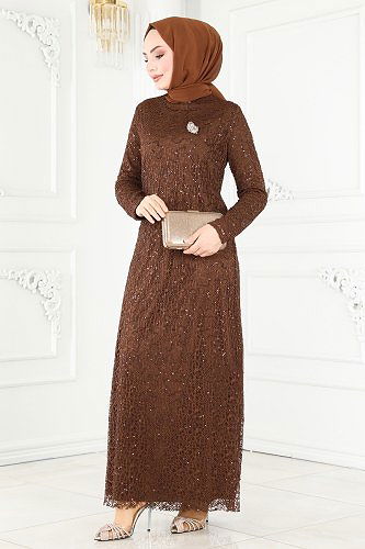 moda selvim 2402PN204 البني فساتين سهره - Thumbnail