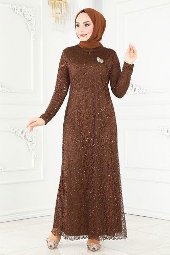 moda selvim 2402PN204 البني فساتين سهره - Thumbnail