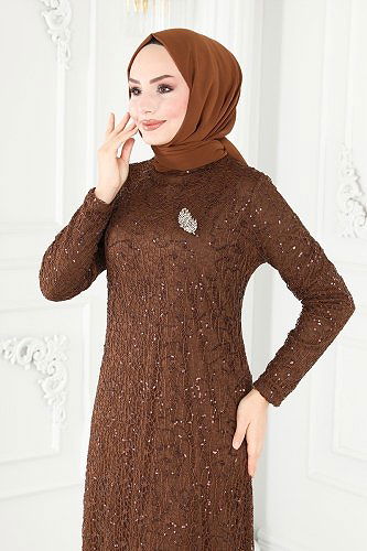 moda selvim 2402PN204 البني فساتين سهره - Thumbnail