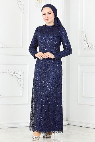 moda selvim 2402PN204 كحلي فساتين سهره - Thumbnail