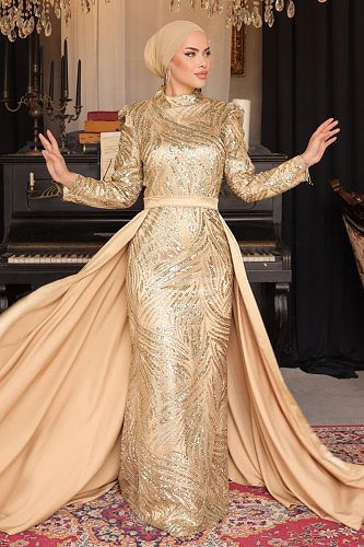 moda selvim Evening Wear 3012IPD866 Gold - Thumbnail