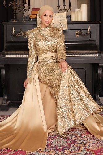 moda selvim 3012IPD866 الذهبي فساتين سهره - Thumbnail