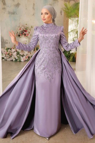 moda selvim Evening Wear 3023IPD866 Lilac - Thumbnail