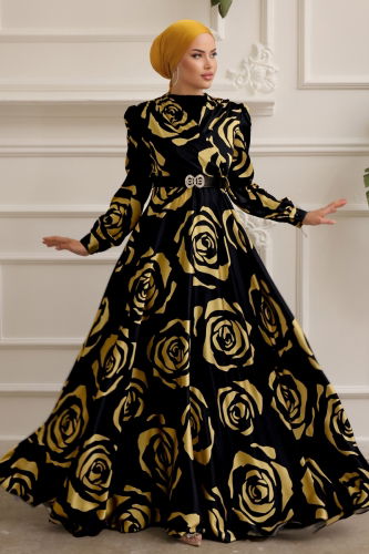 moda selvim Evening Wear 4016D170 Black&Mustard - Thumbnail