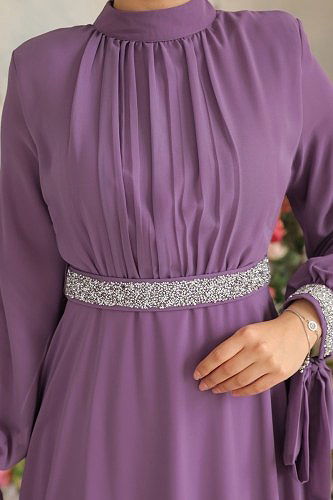 moda selvim 4089LPN858 ارجواني فاتح فساتين سهره - Thumbnail