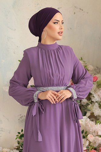 moda selvim 4089LPN858 ارجواني فاتح فساتين سهره - Thumbnail
