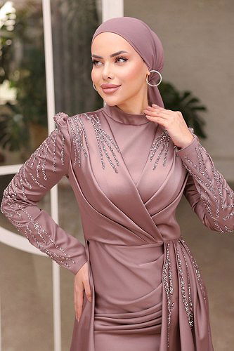 moda selvim 4338D170 بيج تفاحي فساتين سهره - Thumbnail