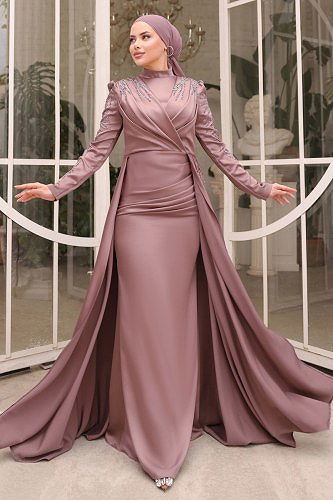 moda selvim 4338D170 بيج تفاحي فساتين سهره - Thumbnail