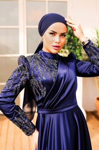 moda selvim Evening Wear 4440SRH861 Navy Blue - Thumbnail