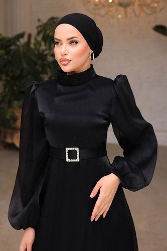 moda selvim 4489ALG474 اسود فساتين سهره - Thumbnail