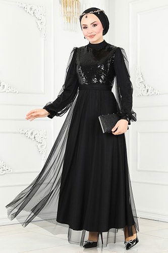 moda selvim Evening Wear 4535ALG474 Black - Thumbnail