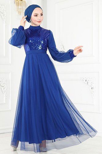 moda selvim Evening Wear 4535ALG474 Saxon Blue - Thumbnail