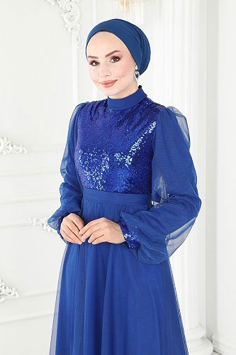 moda selvim Evening Wear 4535ALG474 Saxon Blue - Thumbnail