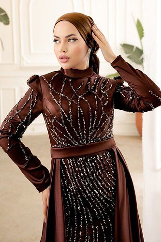 moda selvim 4562D170 البني فساتين سهره - Thumbnail
