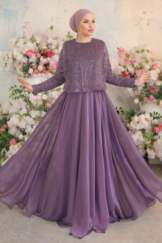 moda selvim Evening Wear 4676SRH861 Lilac - Thumbnail