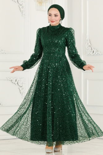 moda selvim Evening Wear 5014LPN858 Emerald - Thumbnail