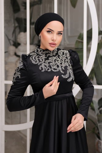 moda selvim 5172PCT864 اسود فساتين سهره - Thumbnail