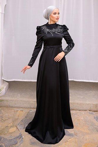 moda selvim 5185PCT864 اسود فساتين سهره - Thumbnail