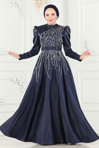 moda selvim Evening Wear 5226PCT864 Navy Blue - Thumbnail