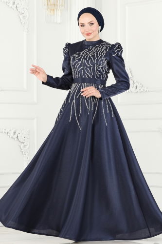 moda selvim Evening Wear 5226PCT864 Navy Blue - Thumbnail