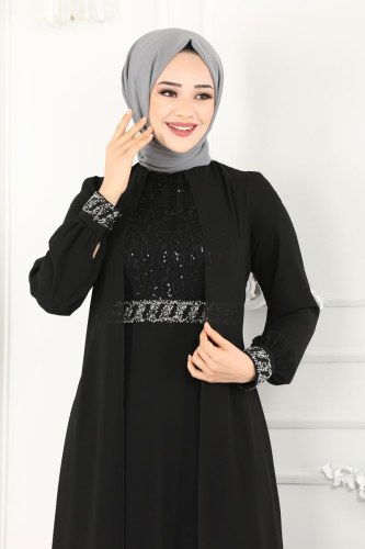 moda selvim 52864ALM181 اسود فساتين سهره - Thumbnail