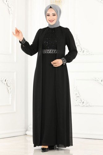 moda selvim 52864ALM181 اسود فساتين سهره - Thumbnail