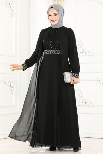 moda selvim 52864ALM181 اسود فساتين سهره - Thumbnail