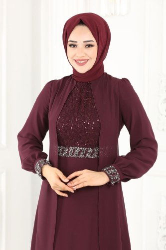 moda selvim 52864ALM181 ارجواني فساتين سهره - Thumbnail