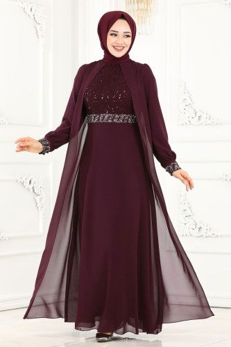 moda selvim 52864ALM181 ارجواني فساتين سهره - Thumbnail