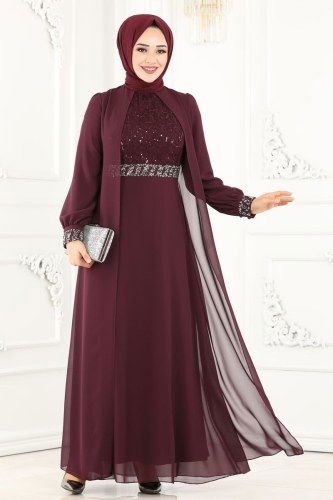 moda selvim 52864ALM181 ارجواني فساتين سهره - Thumbnail
