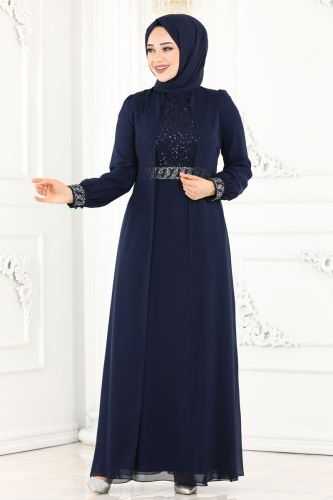 moda selvim Evening Wear 52864ALM181 Navy Blue - Thumbnail