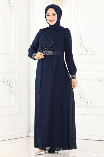 moda selvim 52864ALM181 كحلي فساتين سهره - Thumbnail