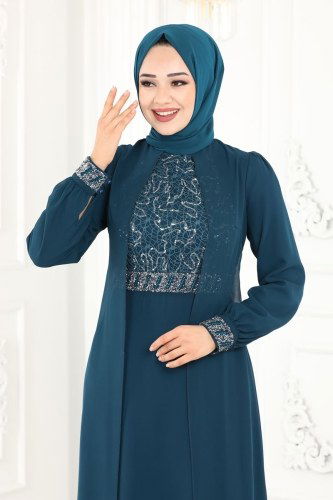moda selvim 52864ALM181 بترولي فساتين سهره - Thumbnail