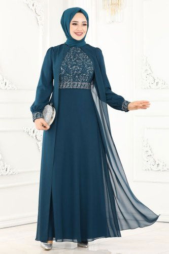 moda selvim 52864ALM181 بترولي فساتين سهره - Thumbnail