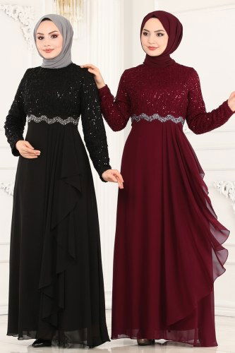 moda selvim 52865ALM181 اسود فساتين سهره - Thumbnail