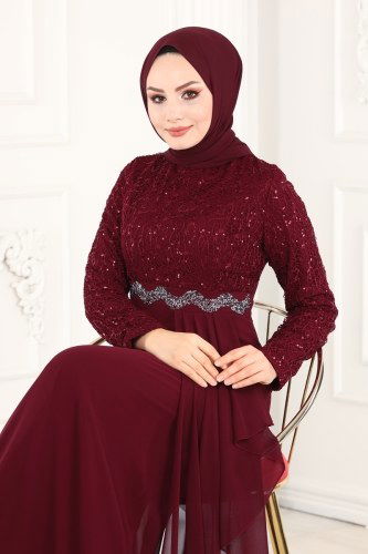 moda selvim Evening Wear 52865ALM181 Claret Red - Thumbnail