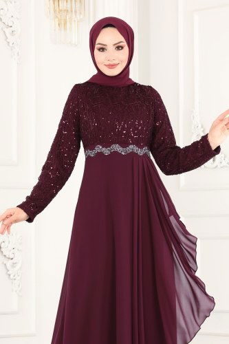 moda selvim Evening Wear 52865ALM181 Damson - Thumbnail