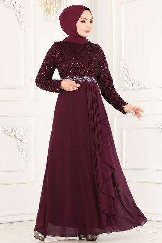 moda selvim 52865ALM181 ارجواني فساتين سهره - Thumbnail
