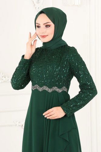 moda selvim 52865ALM181 الزيتي فساتين سهره - Thumbnail