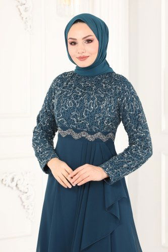 moda selvim 52865ALM181 بترولي فساتين سهره - Thumbnail