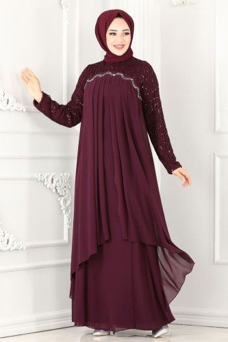 moda selvim 52866ALM181 ارجواني فساتين سهره - Thumbnail