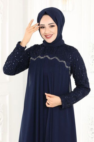 moda selvim 52866ALM181 كحلي فساتين سهره - Thumbnail