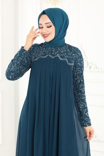 moda selvim 52866ALM181 بترولي فساتين سهره - Thumbnail