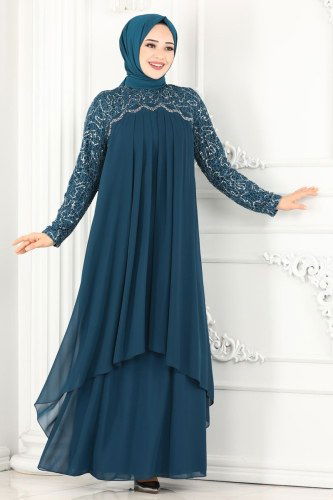 moda selvim 52866ALM181 بترولي فساتين سهره - Thumbnail