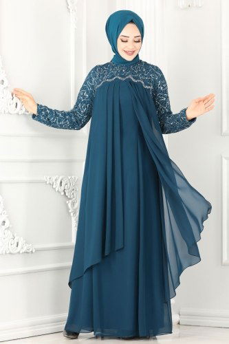 moda selvim 52866ALM181 بترولي فساتين سهره - Thumbnail